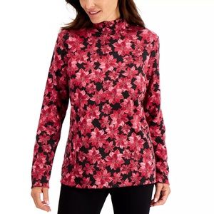 Karen Scott T-Shirt Red Floral Print Long-Sleeve mock neck plus Size Christmas